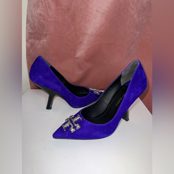 $428 Tory Burch ELEANOR PAVÉ PUMP Shoes Heel Suede Deep Purple US 7M - Picture 6 of 12
